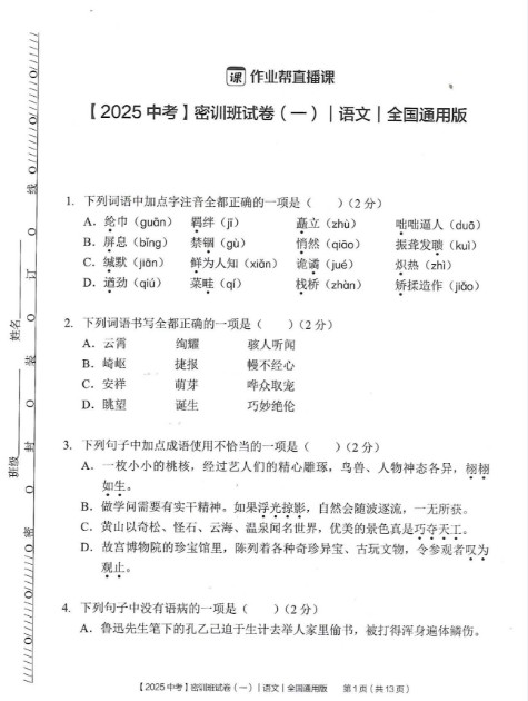 2025初三语文中考密训卷及答案PDF下载