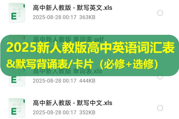 2025新人教版高中英语词汇表&默写背诵表/卡片（必修+选修）分册&汇总（PDF/Excel/Word版下载）