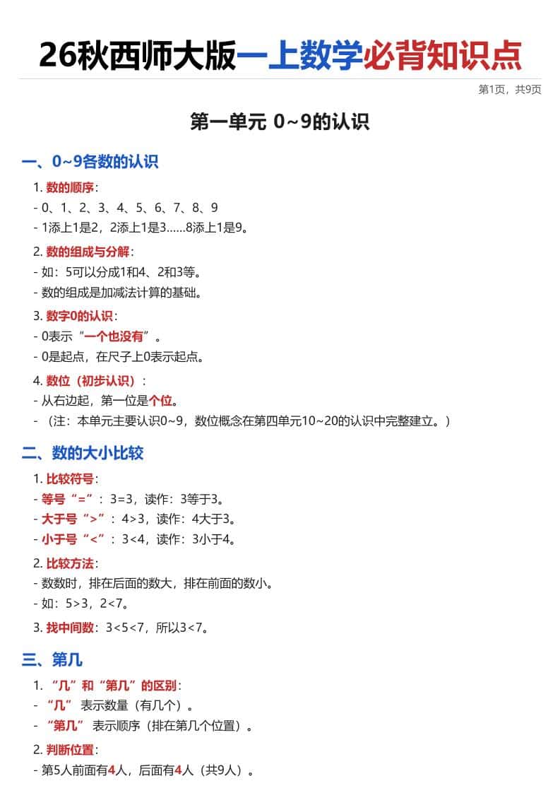 26秋西师大版一年级上册数学&middot;必背知识点（全册）