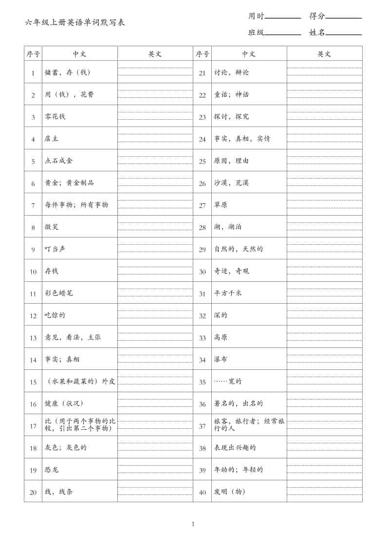 新六年级上册英语单词背诵表（中译英）《外研版》