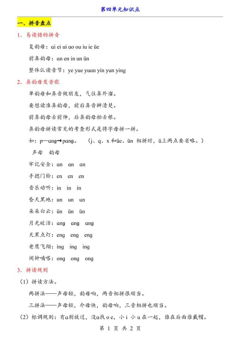 新一年级上册语文第4单元（知识点）