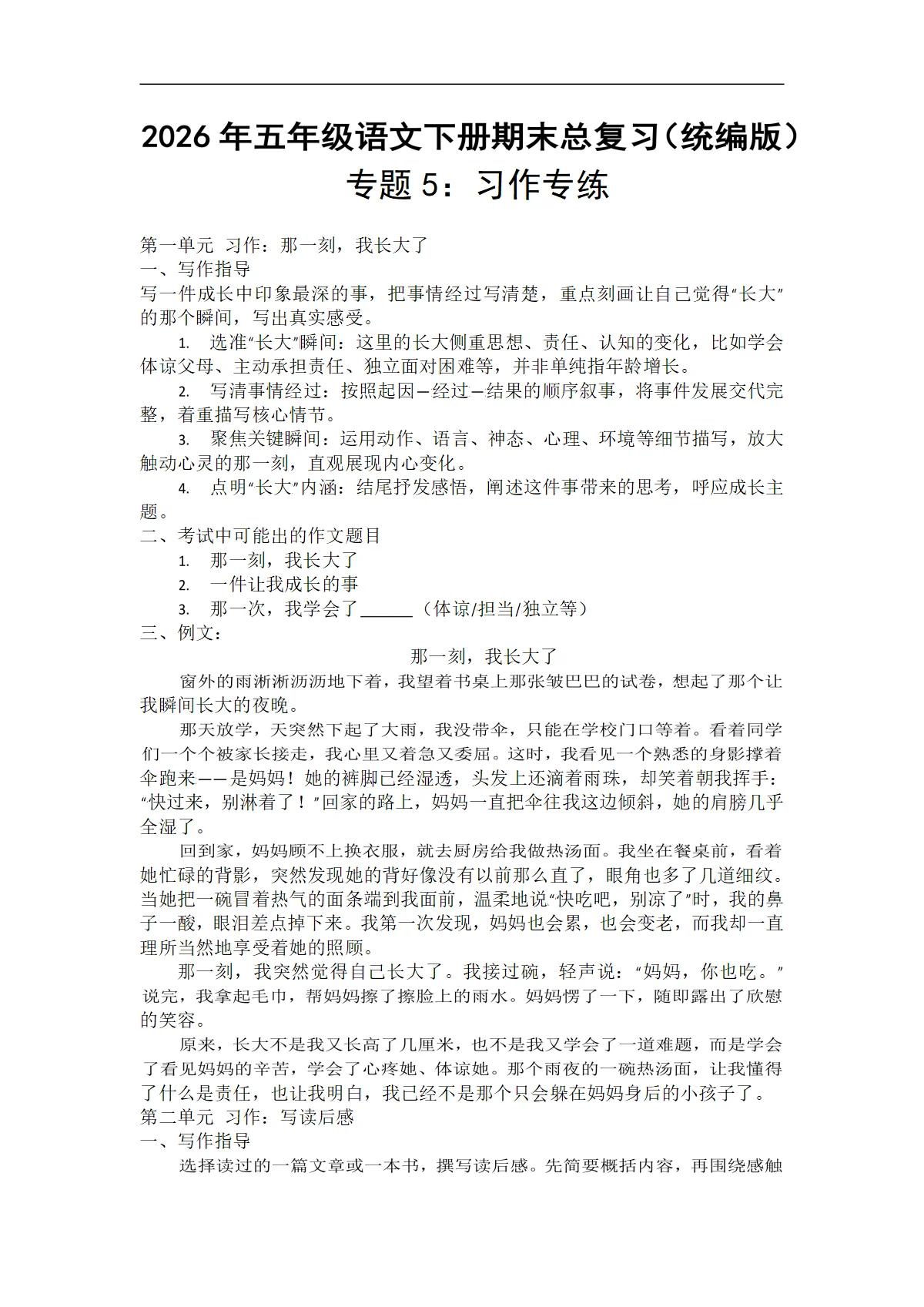 期末专项复习5：习作专练-2026年五年级语文下册统编版（含例文）
