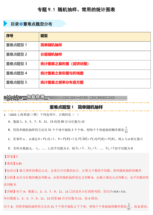 2026《高考数学&bull;一轮复习重点难点题型》精练 专题9.1 随机抽样、常用的统计图表(五类重难点题型精练)