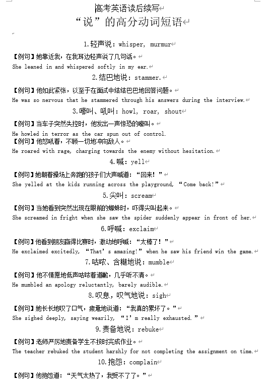 高中英语2025届高考读后续写&ldquo;说&rdquo;的高分动词短语(共20个)
