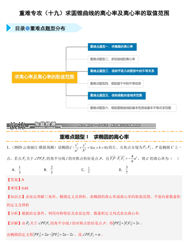2026《高考数学&bull;一轮复习重点难点题型》精练 重难专攻(十九)求圆锥曲线的离心率及离心率的取值范围(六类重难点题型精练)