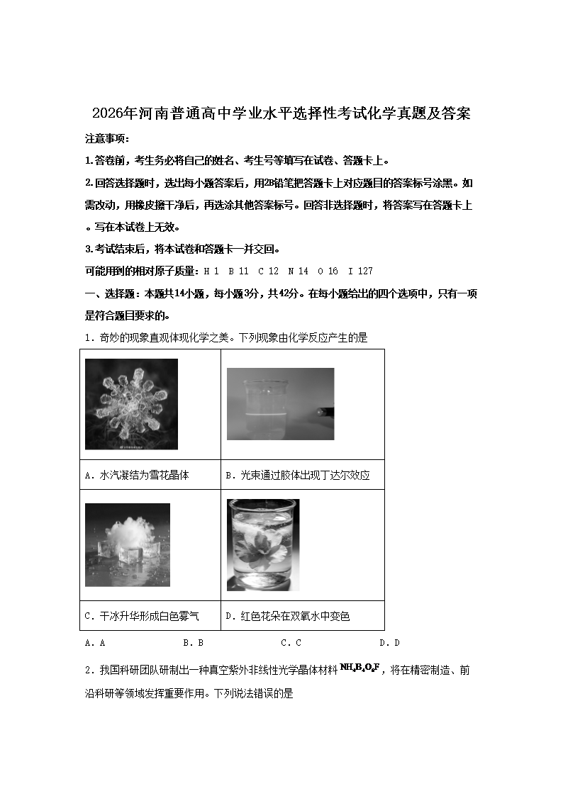 2026年河南普通高中学业水平选择性考试化学真题及答案(Word版)