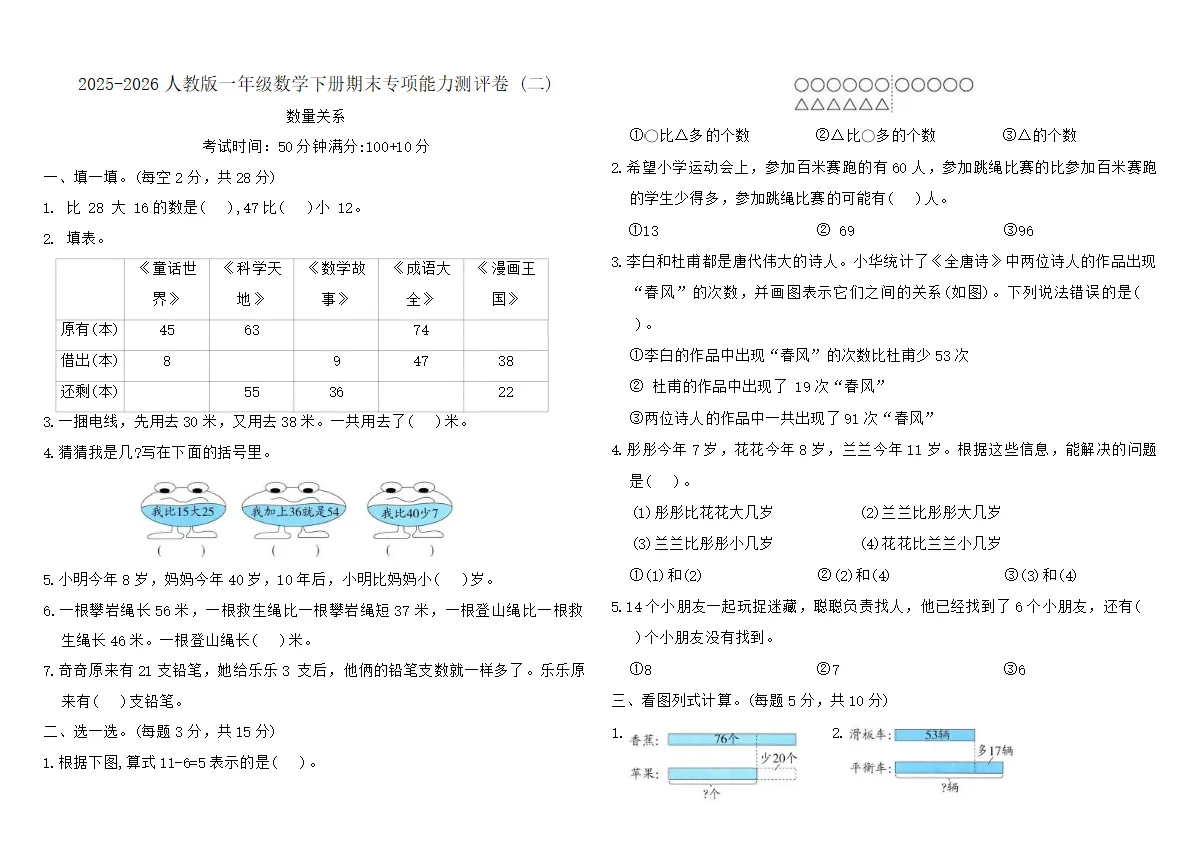 2025-2026人教版一年级数学下册期末专项能力测评卷 (二)（含答案）