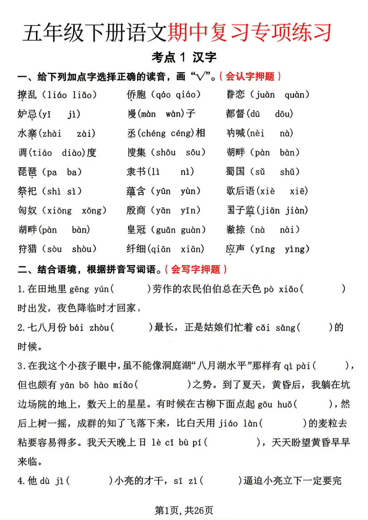 统编版五年级下册语文期中专项突破练习含答案