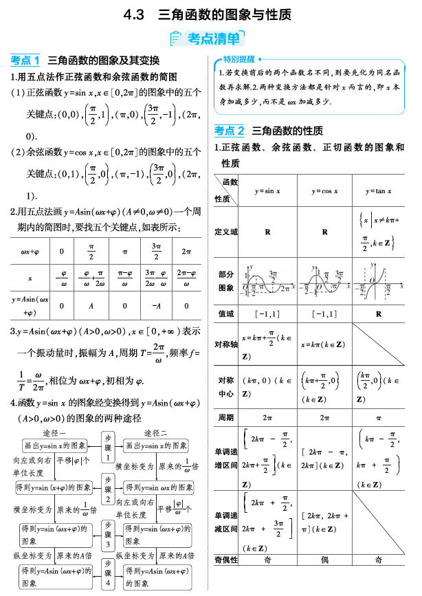 2026《53高考总复习A版》数学 精讲 4 3 三角函数的图象与性质