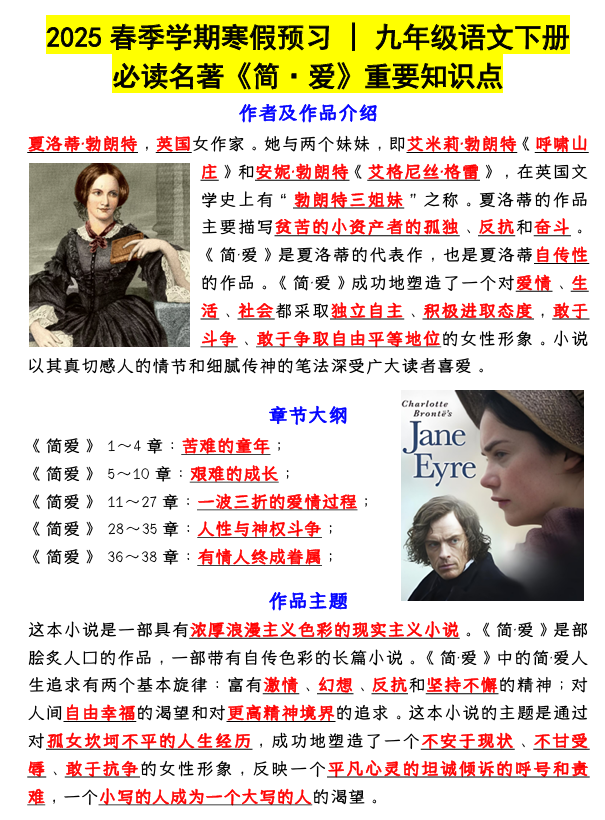 寒假预习 _ 九年级语文下册必读名著《简&middot;爱》重要知识点
