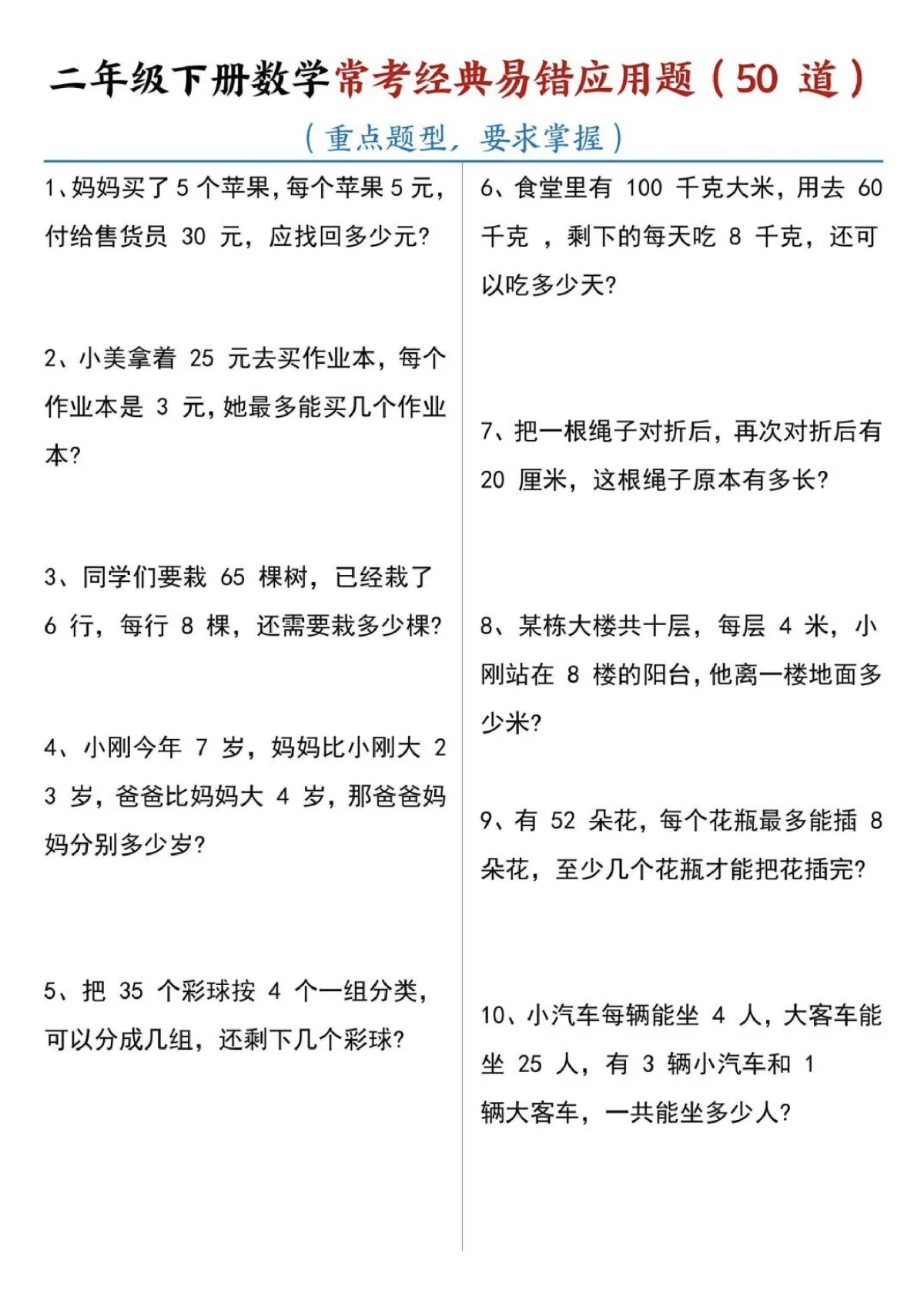 人教版二年级下册数学期末常考易错应用题（50道））专项练习无答案