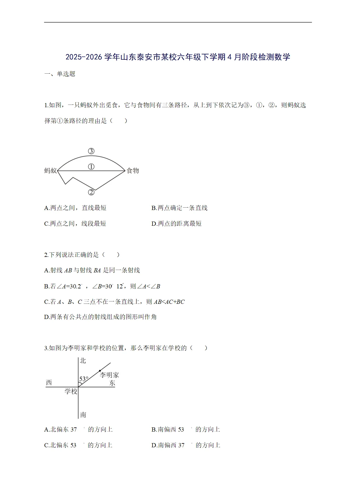 2025--2026学年山东泰安市某校六年级下学期4月阶段检测数学【附答案】