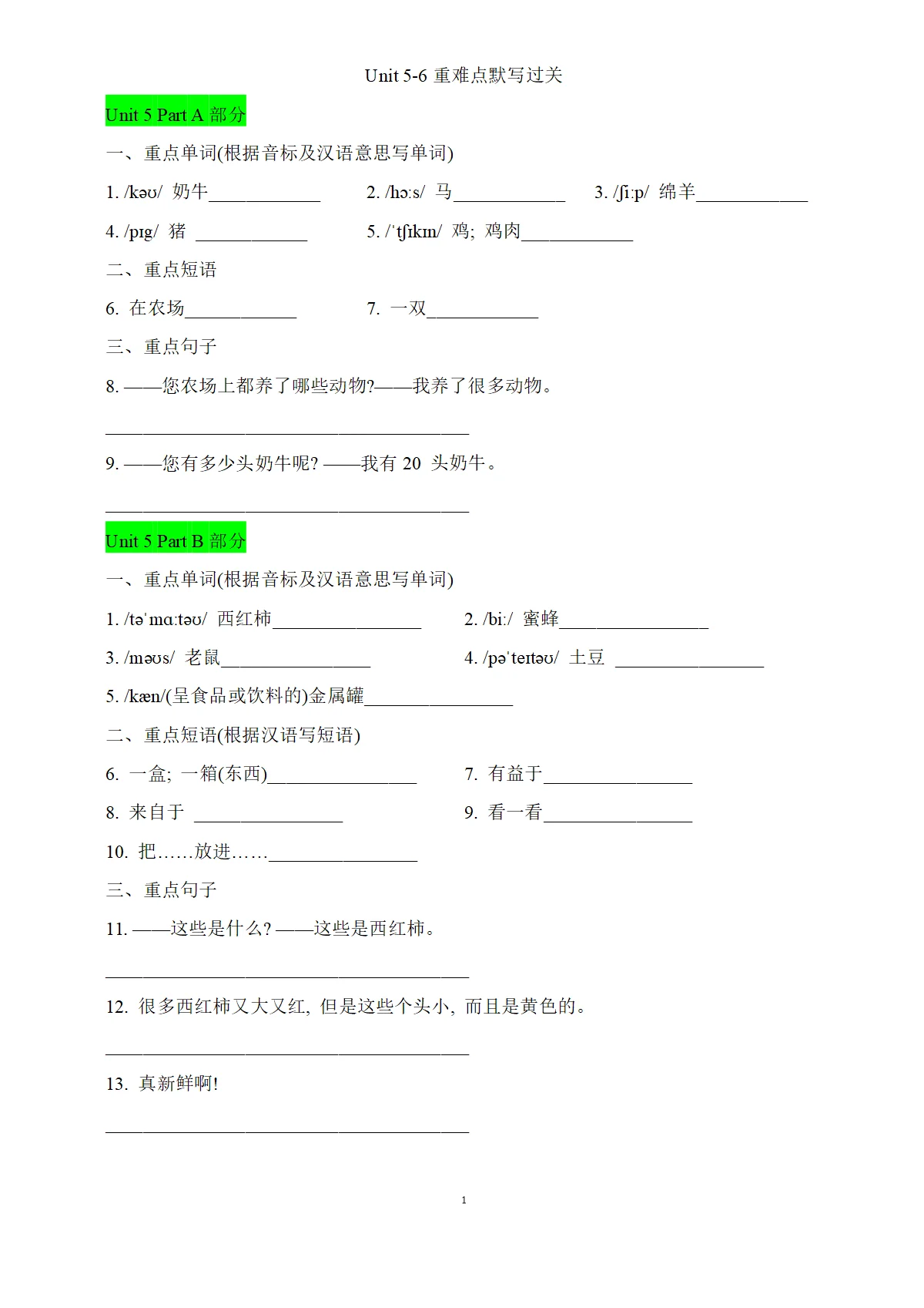 2024版人教版英语四年级下册Unit 5-6 月考重难点默写过关专项训练含答案