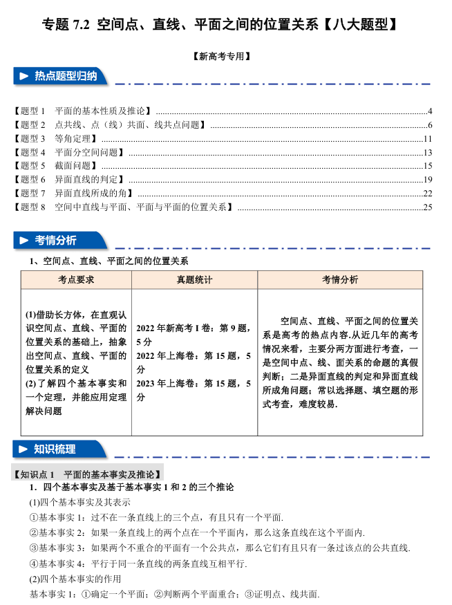 2026年高考数学一轮复习【举一反三】专练（新高考专用）专题练系列 7.2 空间点、直线、平面之间的位置关系【八大题型】