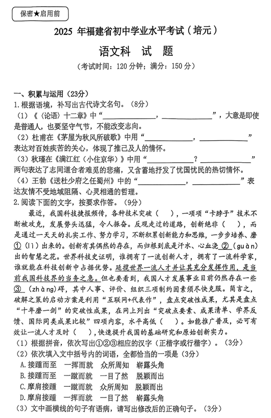 2025年福建省泉州市培元中学九年级6月仿真模拟语文试题