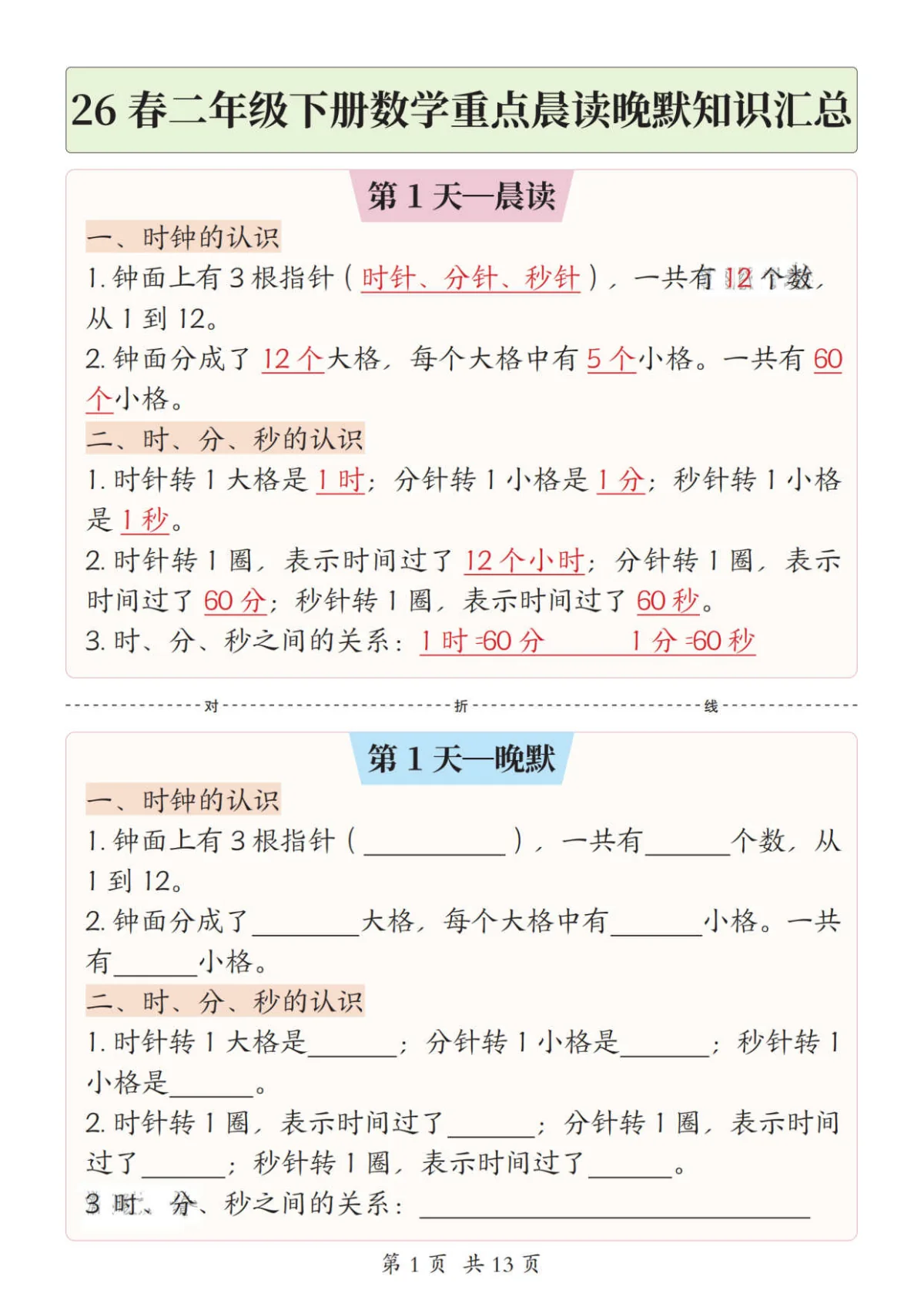 2024版人教版二年级（下）数学期末重点晨读晚默知识点汇总