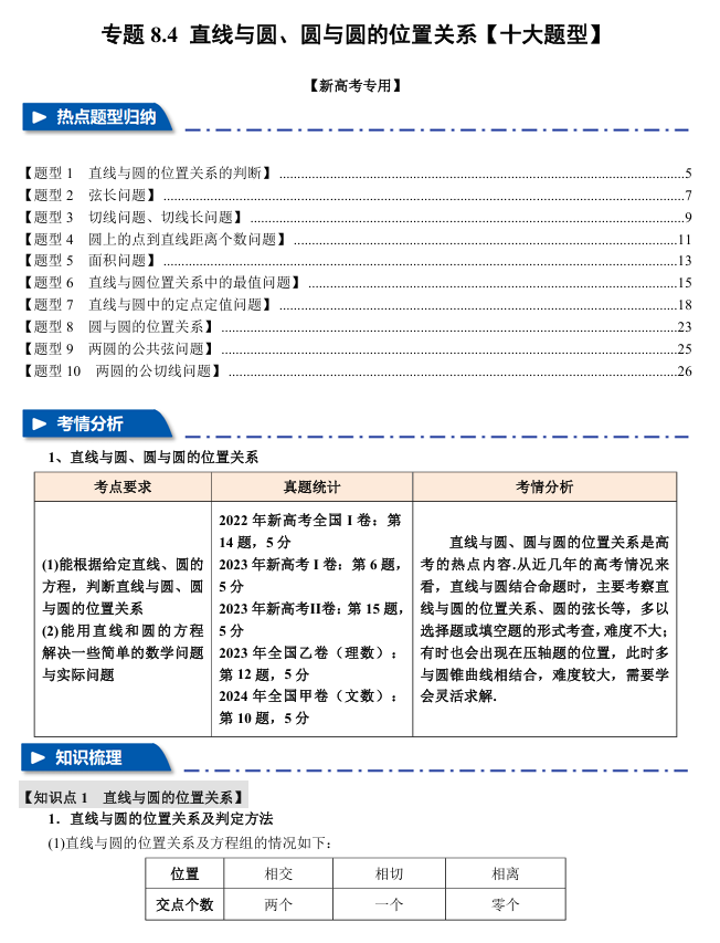 2026年高考数学一轮复习【举一反三】专练（新高考专用）专题练系列 8.4 直线与圆、圆与圆的位置关系【十大题型】
