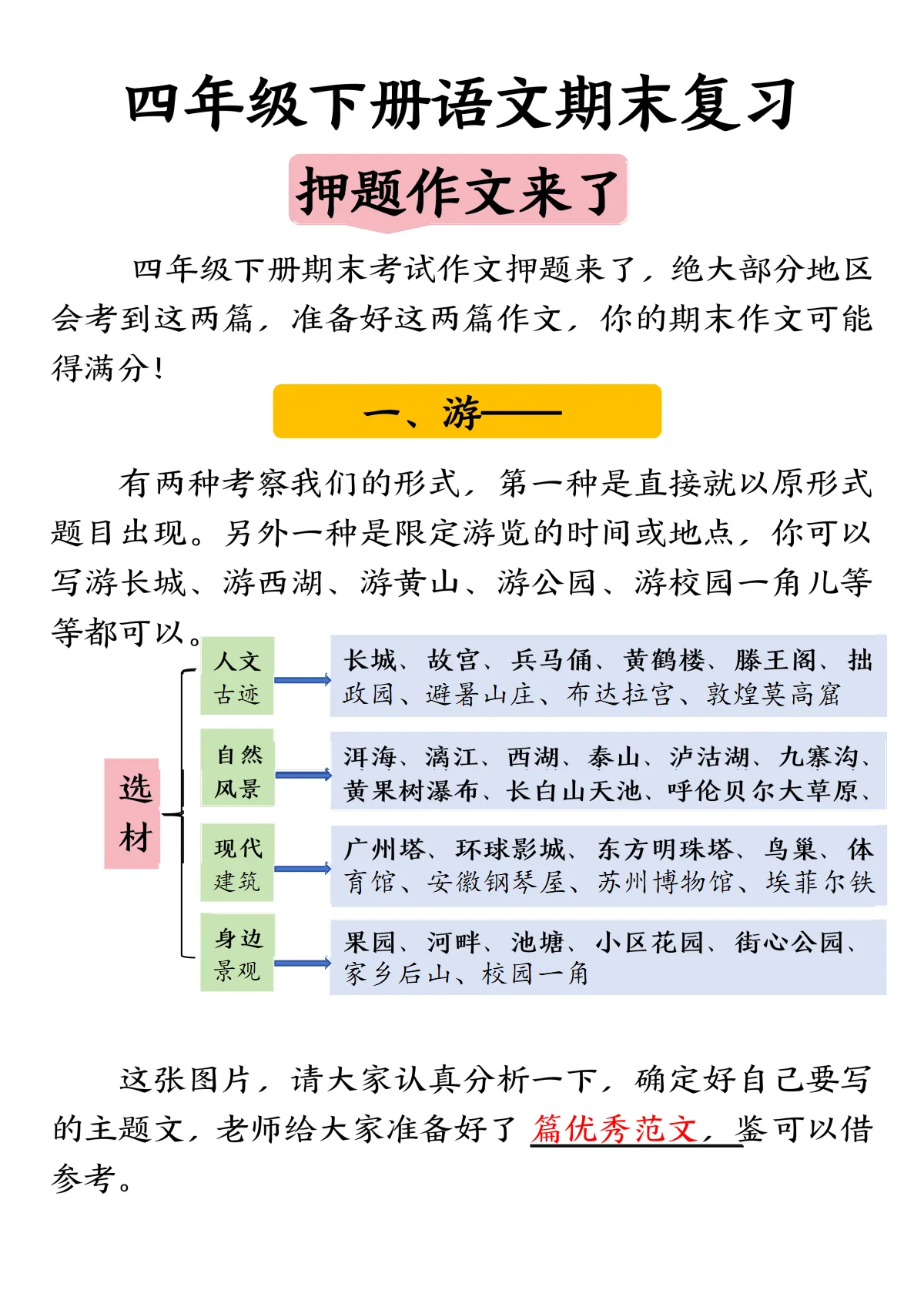 统编版四年级语文下册26春写作范文及技巧-期末复习押题作文2个方向学案