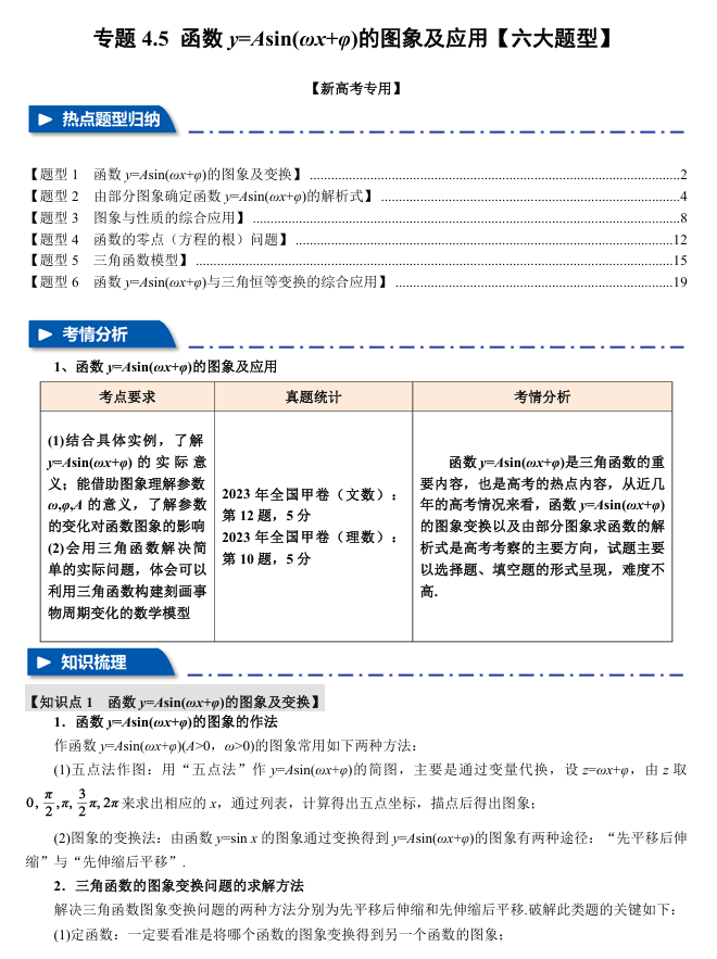 2026年高考数学一轮复习【举一反三】专练（新高考专用）专题练系列 4.5 函数y=Asin(&omega;x+&phi;)的图象及应用【六大题型】