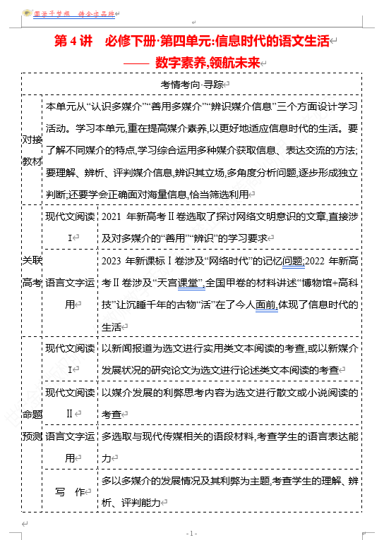2026版《高中全程复习方略》 语文 强基版 专题 教材特色单元 第4讲 必修下册&bull;第四单元：信息时代的语文生活&mdash;&mdash;数字素养,领航未来