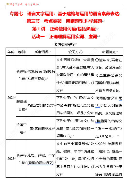2026版《高中全程复习方略》 语文 强基版 专题七 第三节 第1讲 活动一 正确理解运用实词、虚词