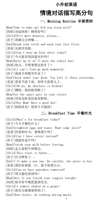 小升初情境对话描写高分佳句（共十种100句）（知识清单）-2024-2025学年通用版英语六年级下册