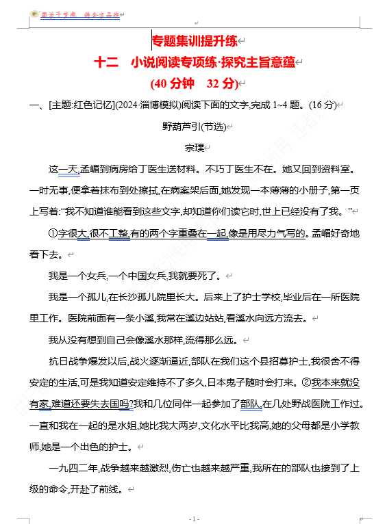 2026版《高中全程复习方略》 语文 强基版 专题二 十二 小说阅读专项练&bull;探究主旨意蕴