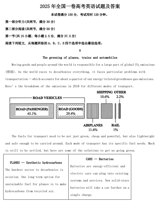 2025年全国一卷高考英语试题及答案