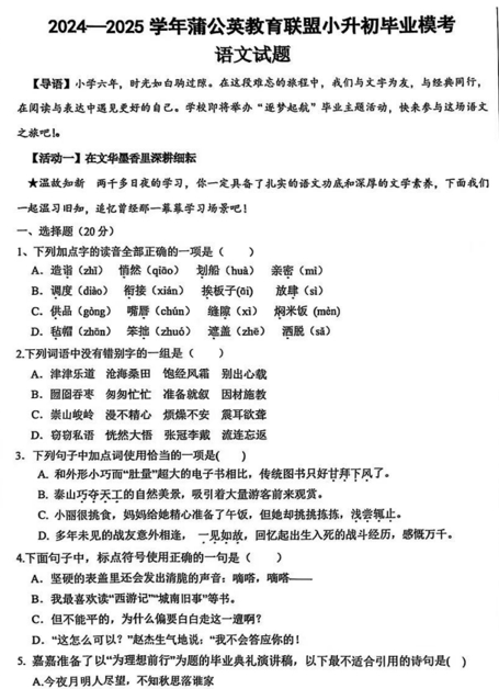 山东省德州市德城区蒲公英联盟2024-2025学年六年级下学期6月模拟预测语文试题