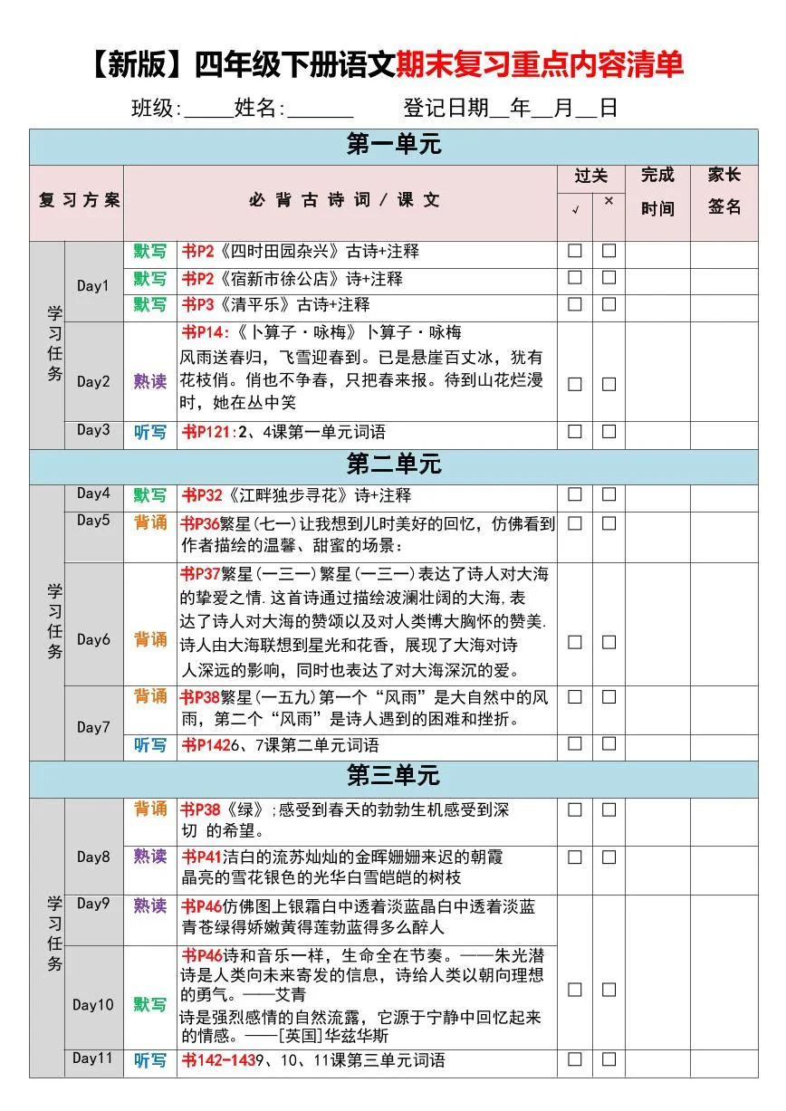 统编版四年级语文下册期末复习重点内容清单】练习含答案
