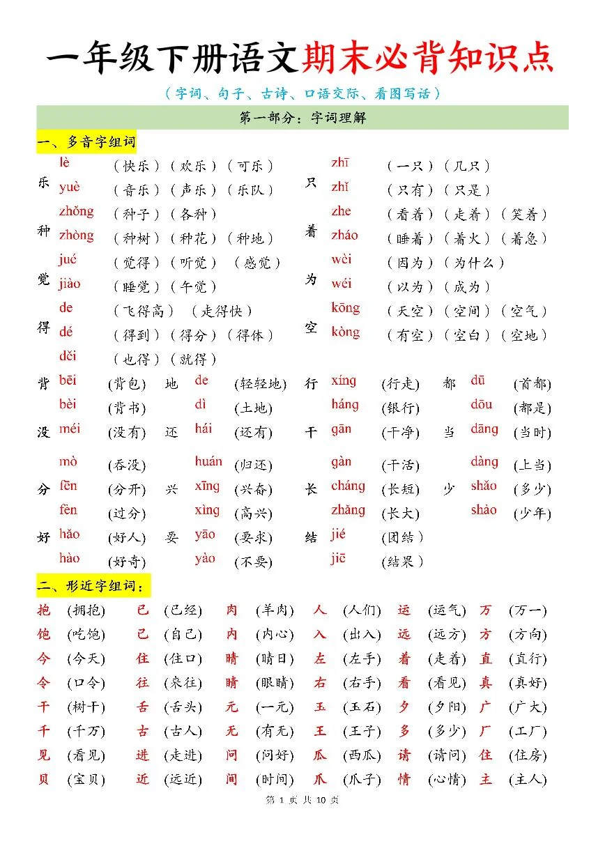 统编版一年级语文下册25年新一年级下册语文期末必背知识点（10页）