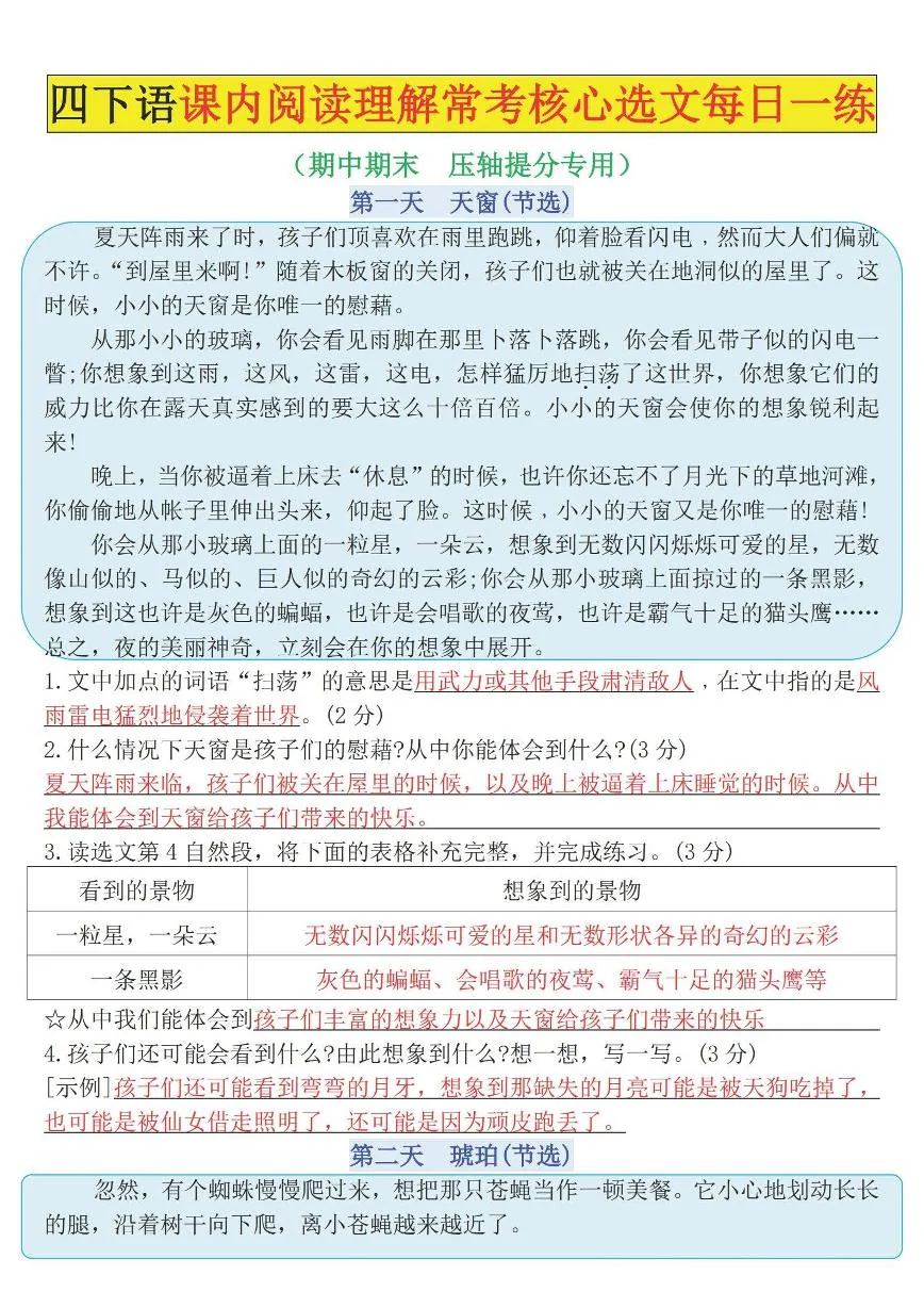 统编版四年级语文下册【期末课内阅读理解常考核心选文每日一练】练习含答案