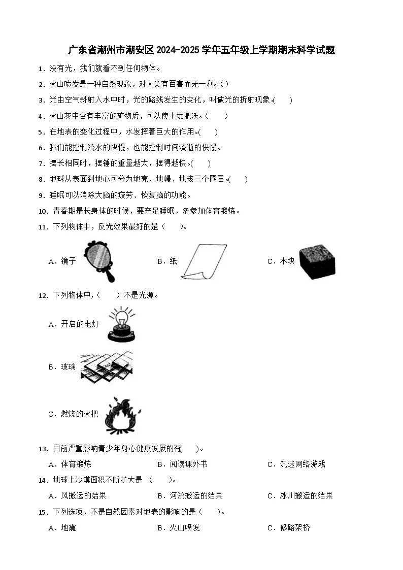 广东省潮州市潮安区五年级上学期期末科学试题-A4