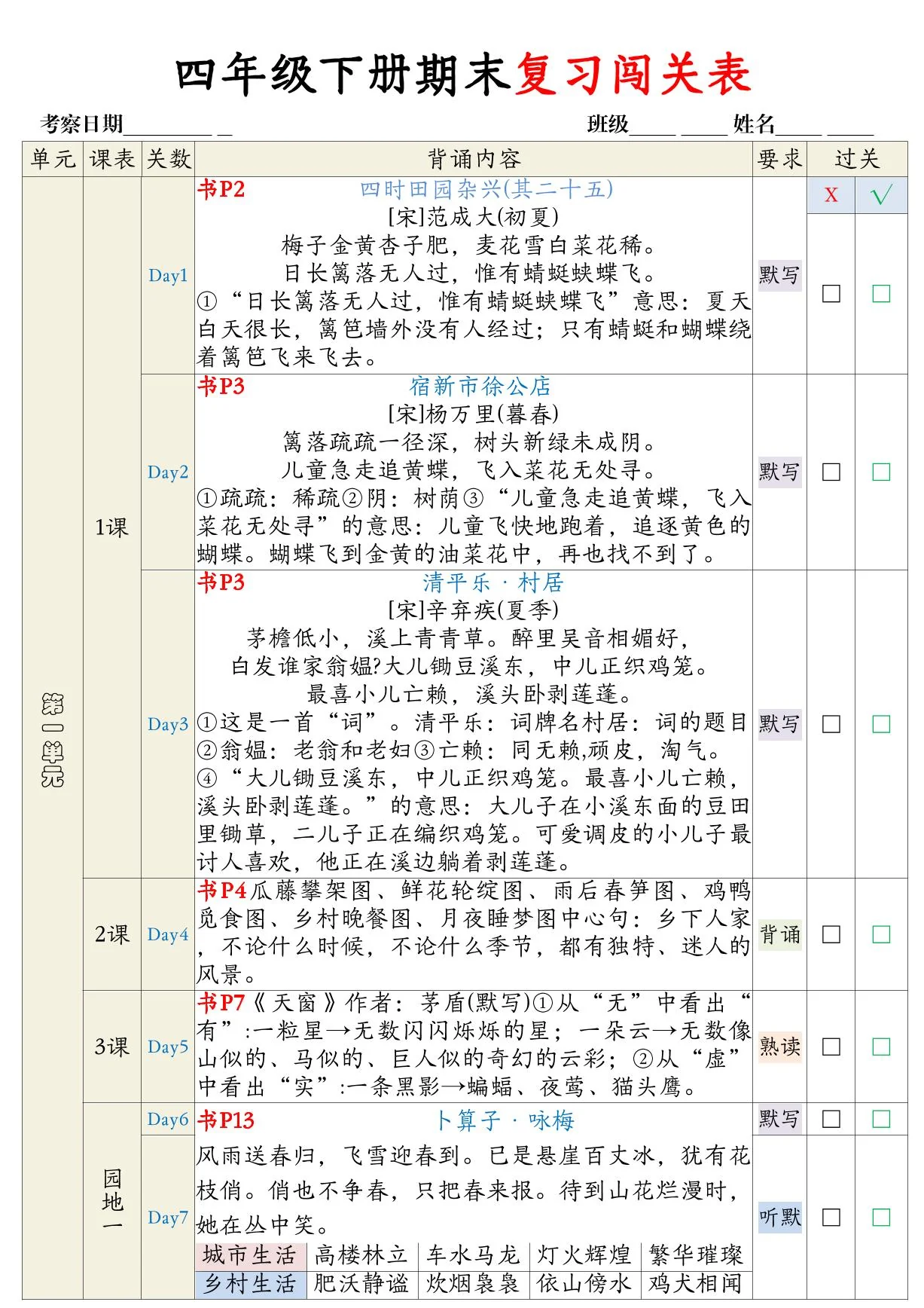 统编版四年级语文下册【期末复习背诵闯关表】练习含答案