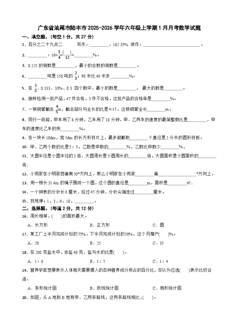广东省汕尾市陆丰市2025-2026学年六年级上学期1月月考数学试题（含解析）