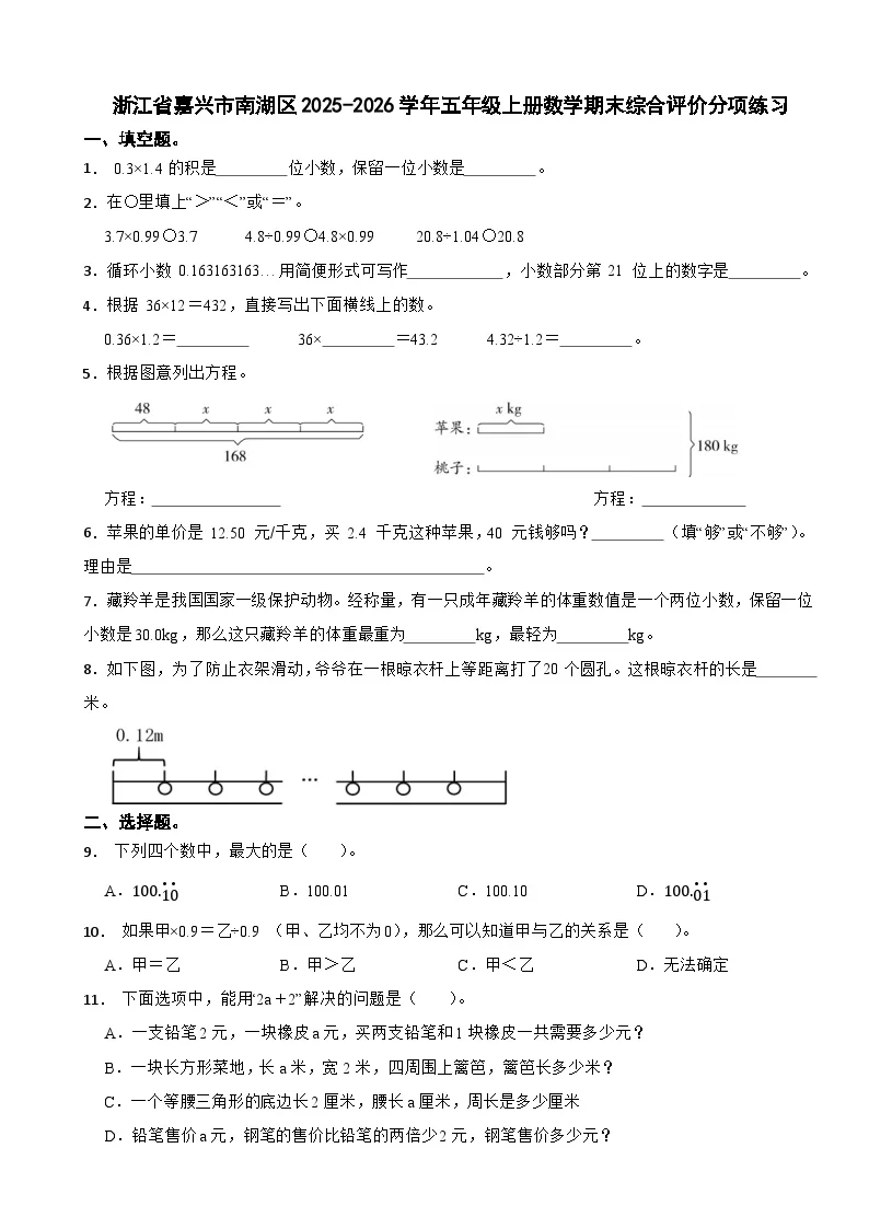 浙江省嘉兴市南湖区2025-2026学年五年级上册数学期末综合评价分项练习（含解析）