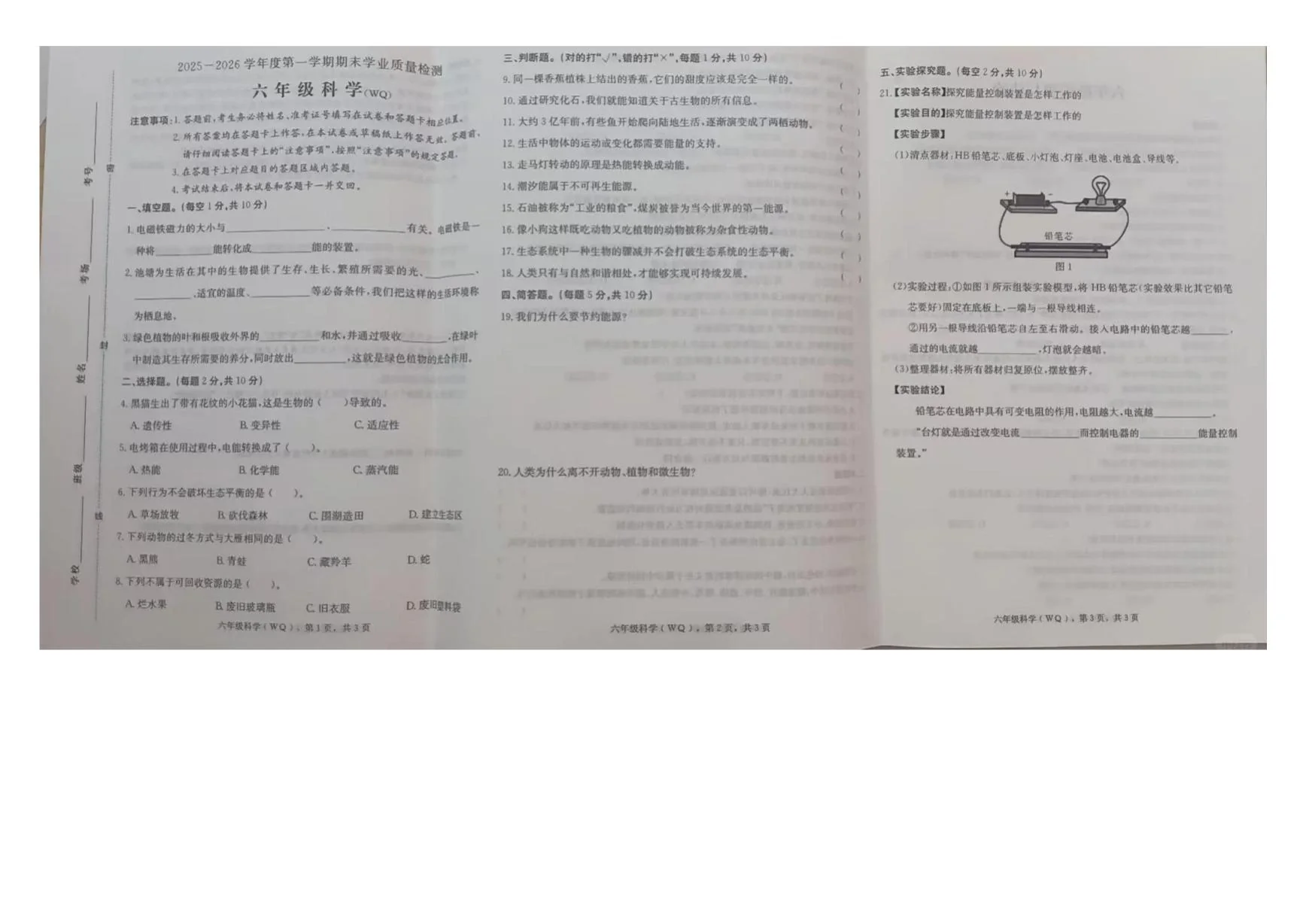 河北衡水市武强县2025-2026学年六年级上学期期末科学试题