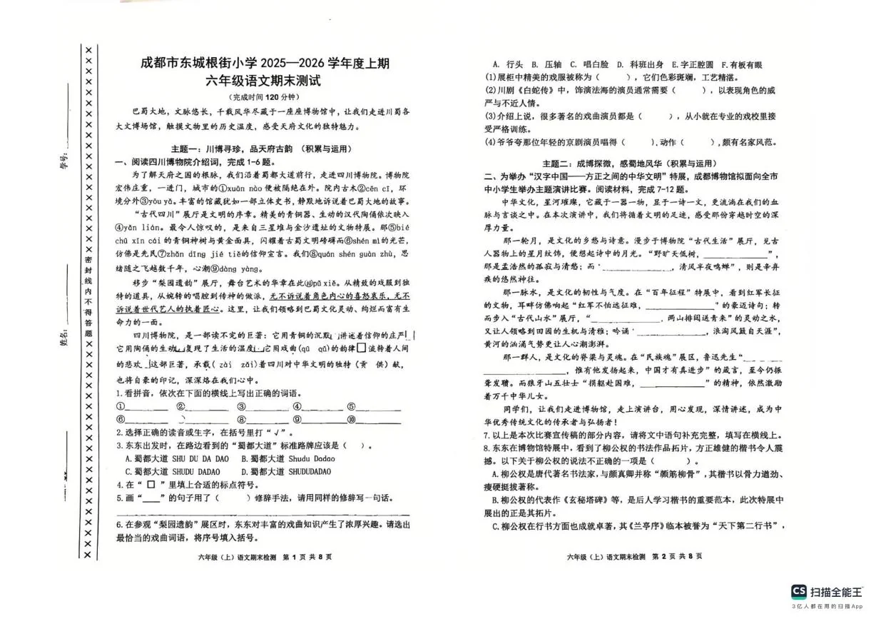 四川省成都市青羊区东城根街小学2025-2026学年度六年级上学期期末测试语文试题