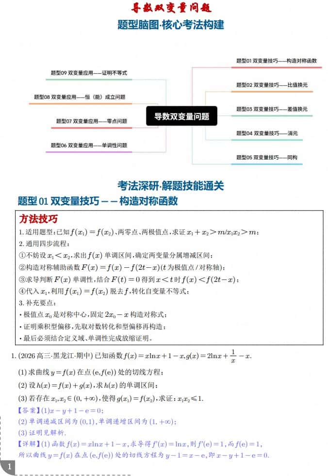 导数双变量问题9种常见考法归类--2027高考数学