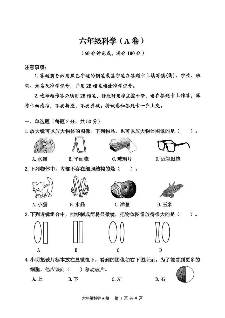 广东广州市花都区2025-2026学年六年级上学期期末科学试卷(A卷)