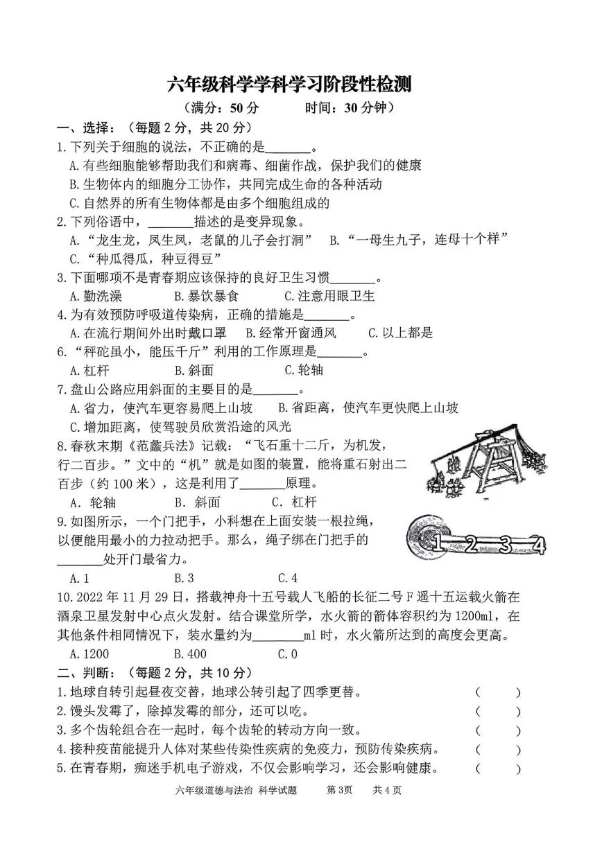 山东枣庄市台儿庄区2025-2026学年六年级上学期期末科学试题