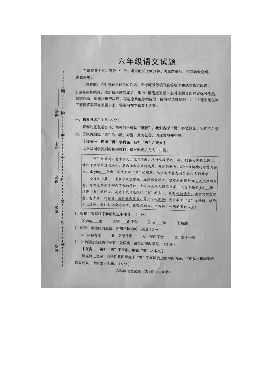 山东淄博市周村区2025-2026学年六年级上学期语文期末考试试卷
