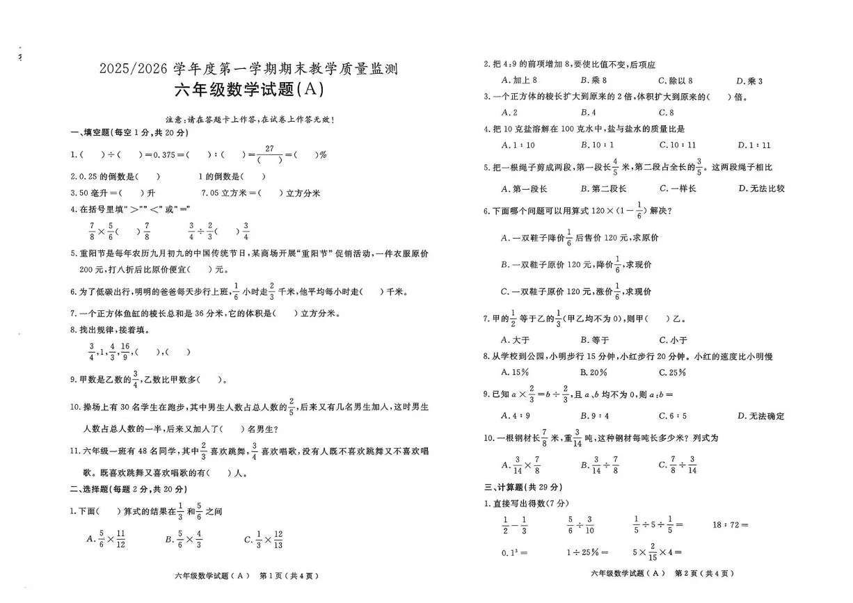 安徽合肥市巢湖市2025-2026学年度第一学期期末教学质量监测六年级数学试题（A）