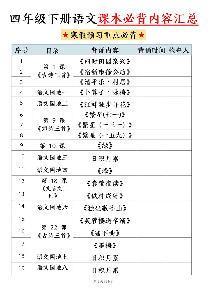 人教版四年级下册语文寒假必背课文内容汇总练习（无答案）