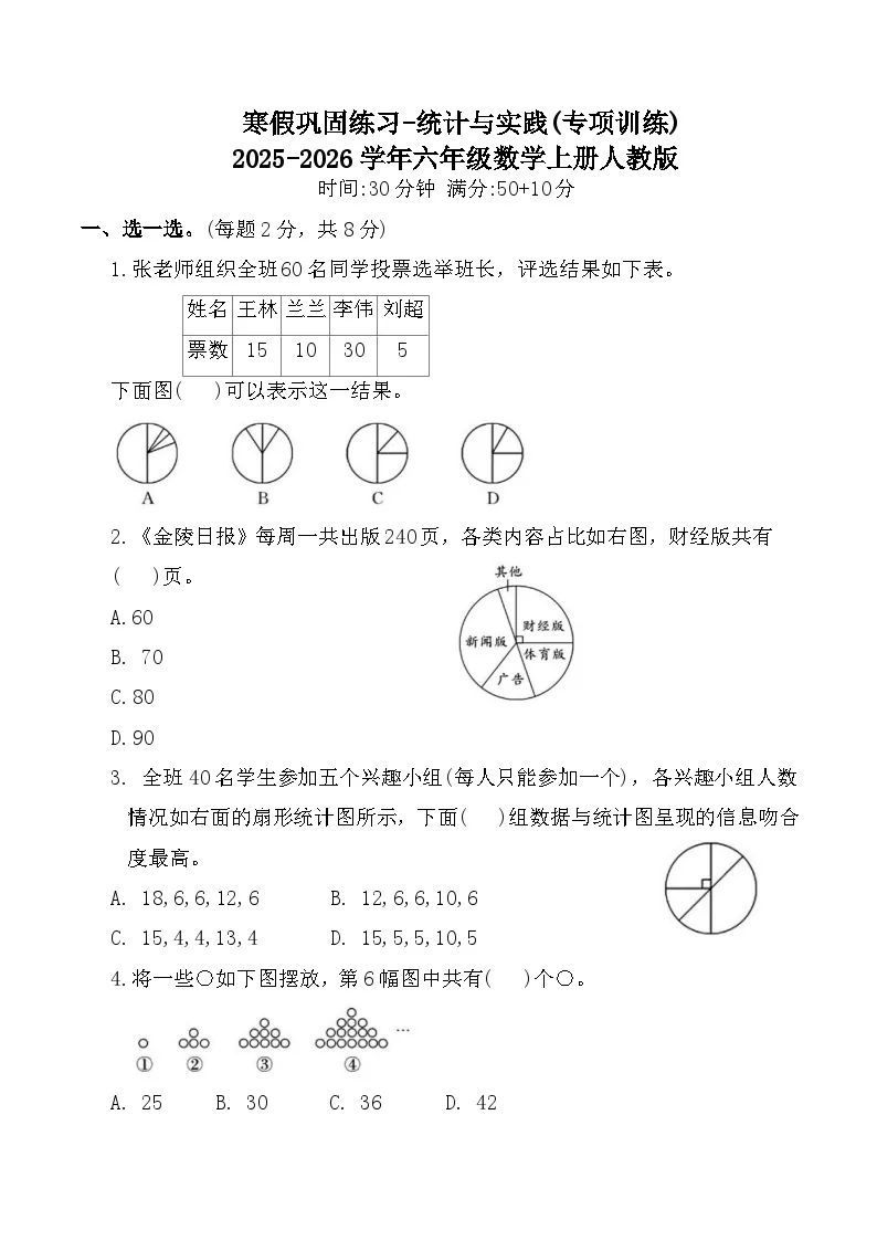 寒假巩固练习-统计与实践(专项训练)2025-2026学年六年级数学上册人教版（含答案）
