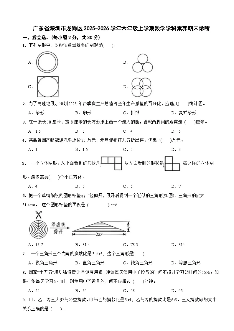 广东省深圳市龙岗区2025-2026学年六年级上学期数学学科素养期末诊断试卷（含解析）