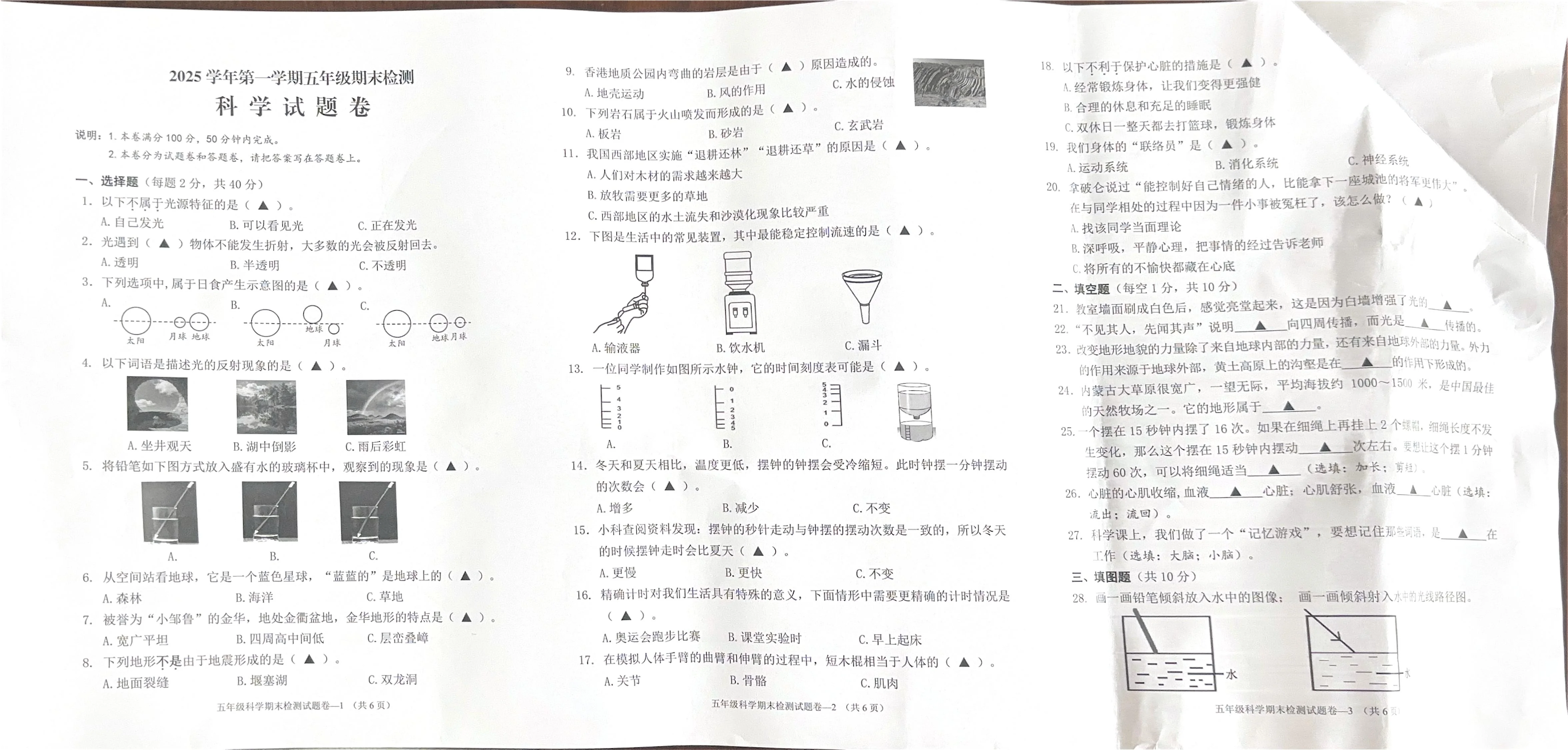 浙江省金华市婺城区2025-2026学年第一学期五年级科学期末试卷（无答案）
