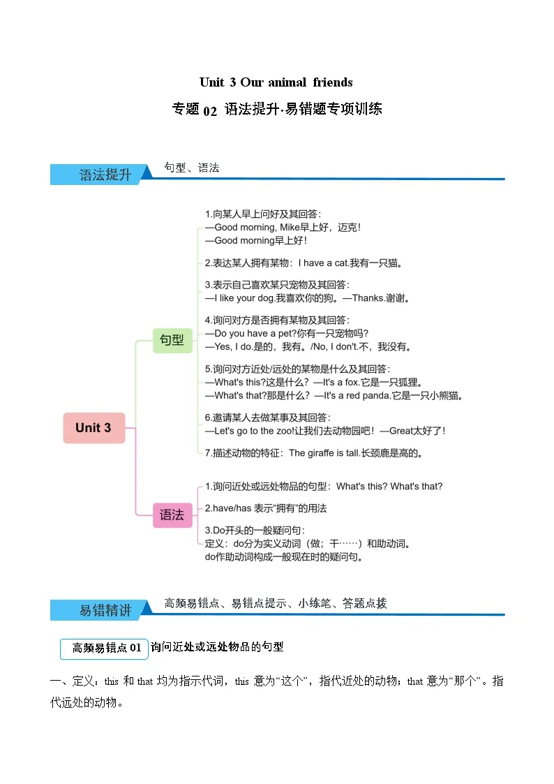 Unit 3 Our animal friends 期末复习（易错题专项训练&middot;语法提升）英语人教PEP版三年级上册（新教材）（含答案与解析）