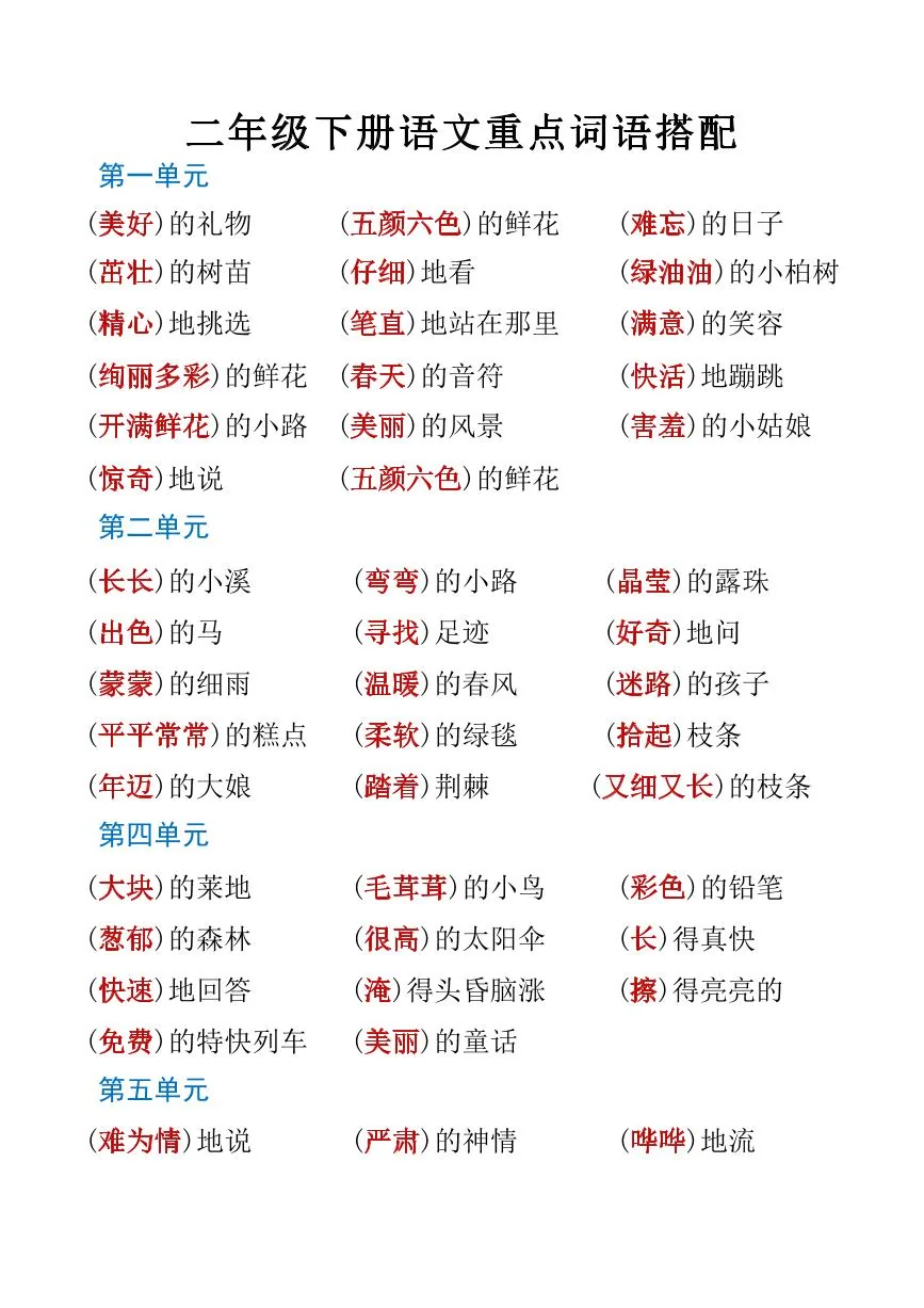 统编版人教版二年级下册语文期末必考1-8单元词语搭配形容词量词知识点
