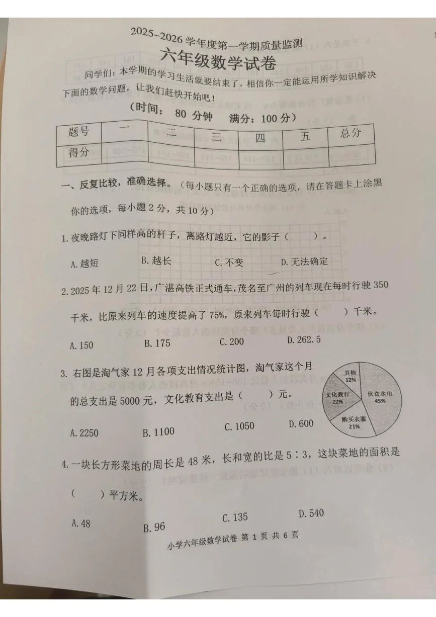 广东省茂名市茂南区2025-2026学年第一学期六年级数学期末试卷（无答案）